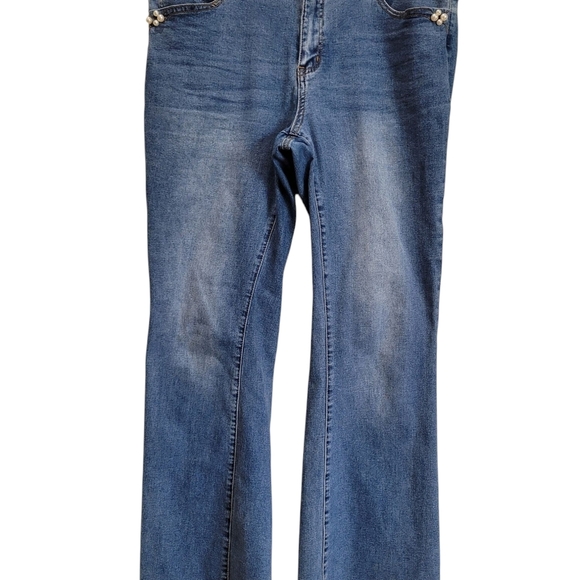 Sz 14 Trendy Blue Pearl Accents Embellished Bootcut Denim Jeans - Picture 1 of 6